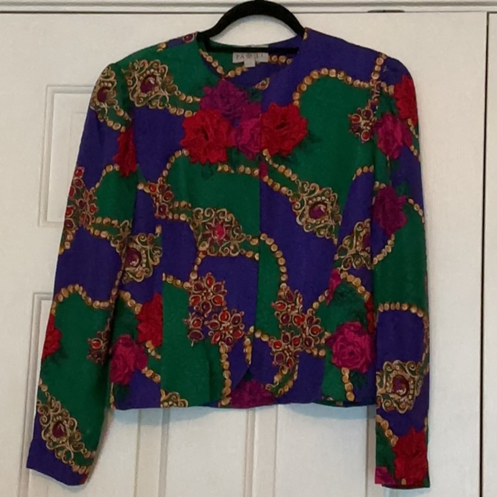 Adrianna Papell Vintage Equestrian Print Multicolor Silk Suit